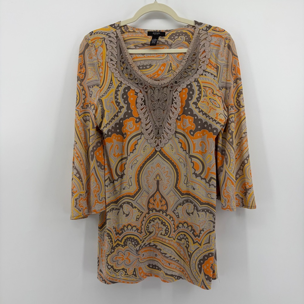 Alfani Womens‎ Petite Small Orange Paisley 3/4 Sleeve Crochet Trim Tunic Blouse